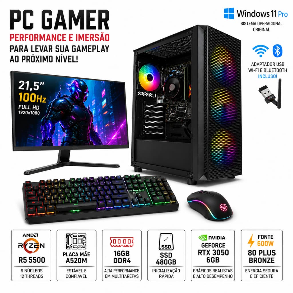 PC GAMER COMPLETO GORT R5 5500/16GB RAM/SSD 480GB/RTX 3050 6GB/MONITOR 21,5 100HZ/KIT GAMER RGB