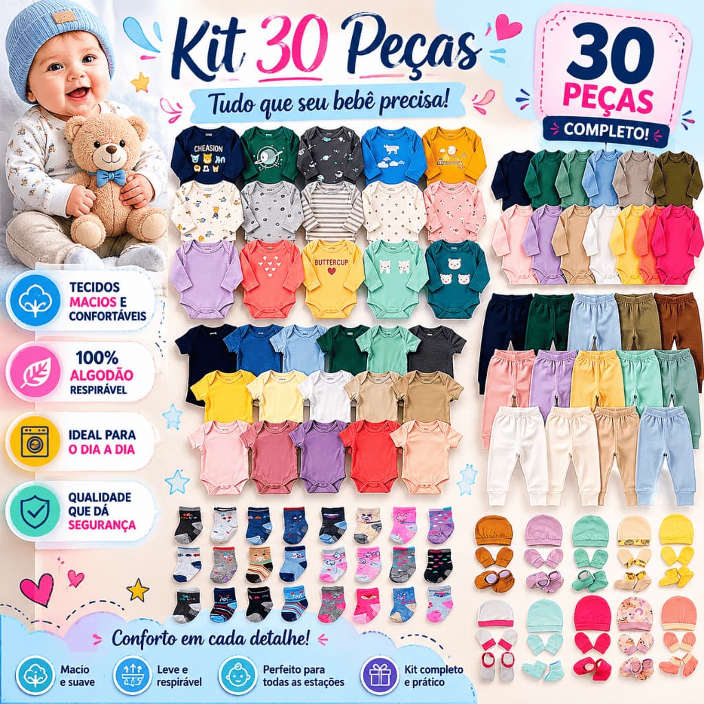 Kit 30 Peças Roupas de Bebê menina/ Menino/ Neutro Saida maternidade enxoval 100% Algodão