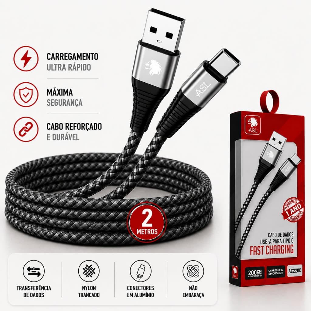 CABO USB NYLON TIPO-C 2.1A DE 2 METROS AC220T COMPATIVEL COM XIAOMI, SAMSUNG, MOTOROLA E LG E OUTROS APAELHOS DE ANDROID