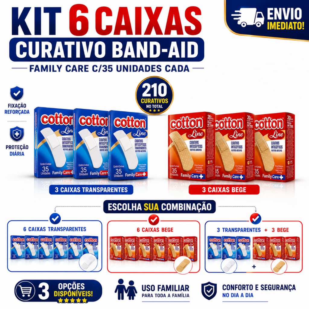 KIT 6 CAIXAS CURATIVO BAND-AID FAMILY CARE C/35 UNIDADES ALTA FIXAÇÃO E PROTEÇÃO ESCOLHA A COR