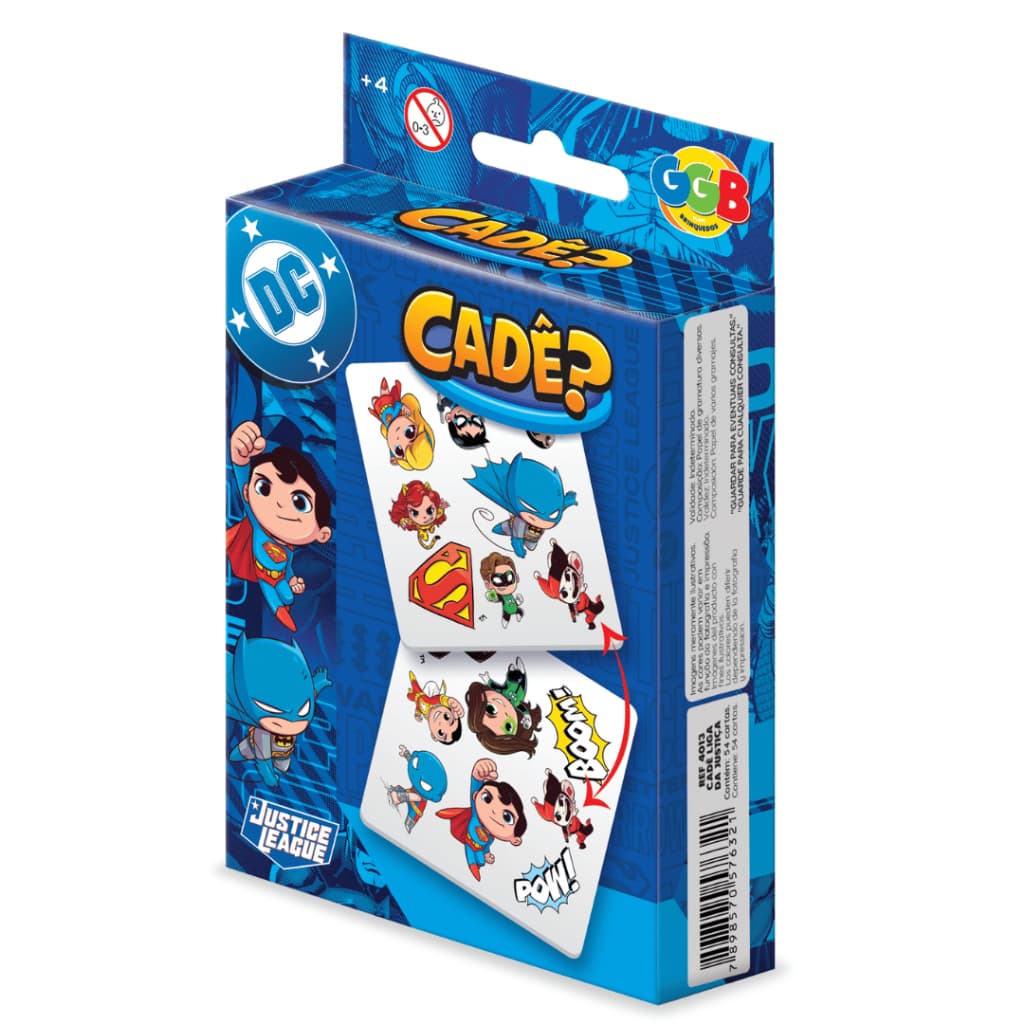 JOGO CADÊ? LIGA DA JUSTICA 54 CARTAS DIVERSÃO BRINQUEDOS RACIOCINIO INFANTIL LOGICO FAMILIA AMIGOS