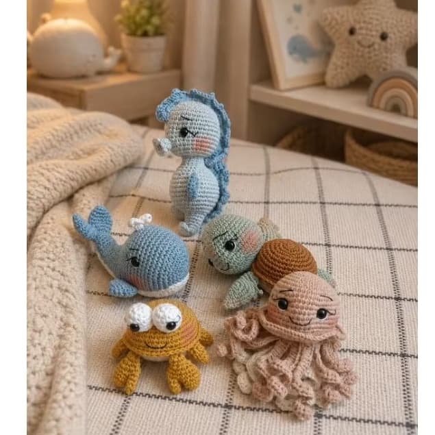 Kit com 05 mini bichinhos Amigurumi Fundo do Mar em Crochê Artesanal Baleia Tartaruga Polvo Cavalo-Marinho Caranguejol