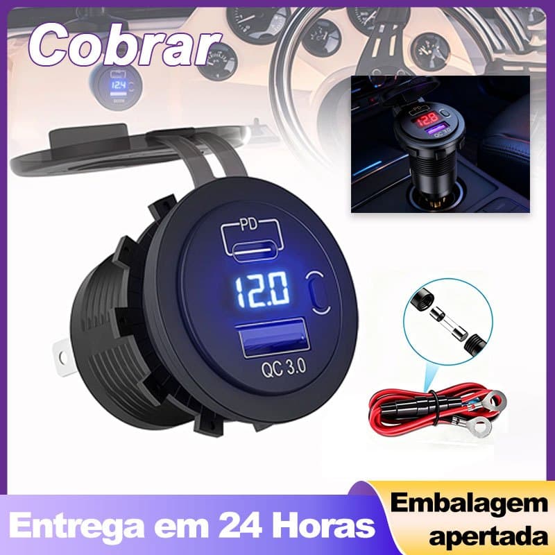 Carregador Veicular 3 em 1 USB Tipo C Carregamento Rápido Turbo Portátil com Voltímetro