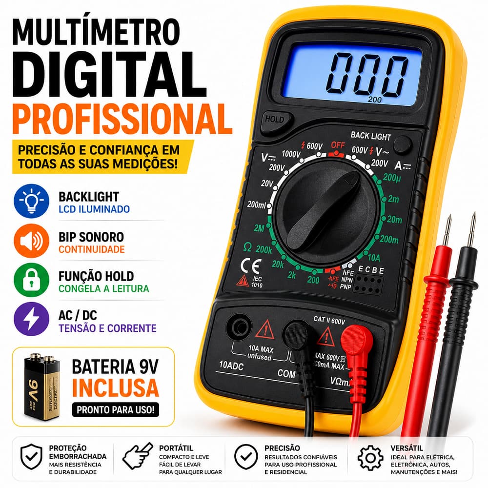 Multímetro Digital Profissional Portátil LCD Com Bip Continuidade Backlight Medidor AC DC Bateria 9V