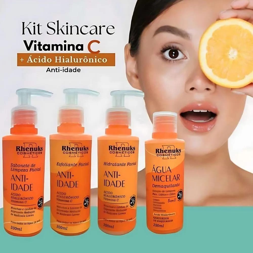 Kit Skincare Anti Idade Ácido Hialurônico + Vitamina C Rhenuks 4 Itens | Hidratante Facial, Rugas e Linhas de Expressão