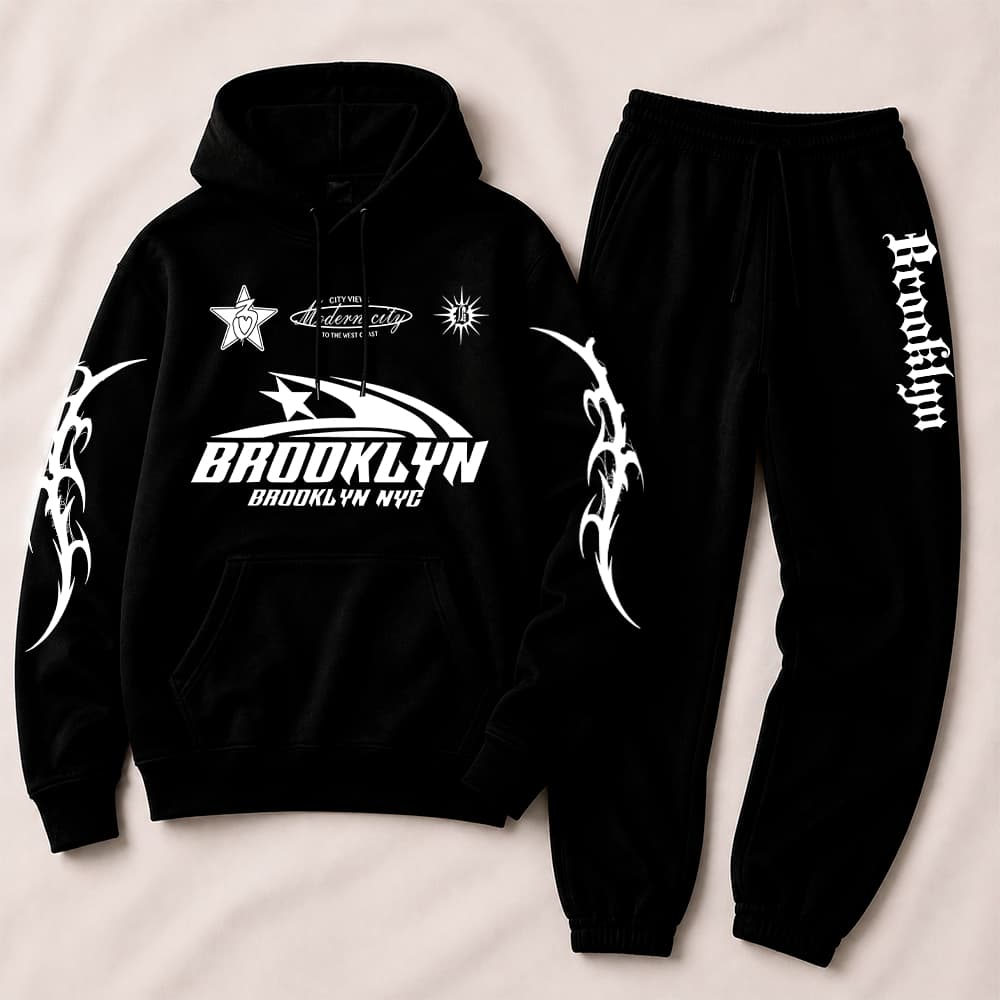 Kit Conjunto Moletom Canguru Capuz e Calça Moletom Jogger Brooklyn NY New York Tribal Streetwear