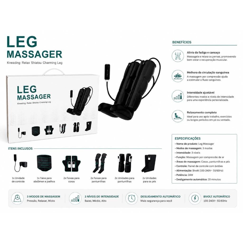 Massageador Pernas e Coxas Compressão Pneumática Ar e Aquecimento Relaxamento Muscular