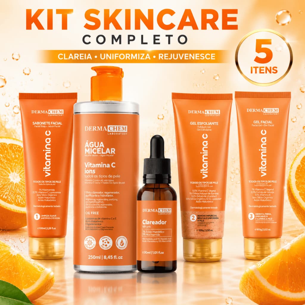 Kit Skincare Vitamina C Dermachem Clareador de Manchas Anti idade 5 Itens