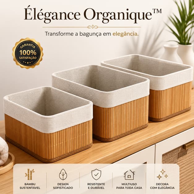 Kit 3 Cestos Organizadores Bambu Multiuso Decorativo Premium Organizador Casa Banheiro Closet Quarto