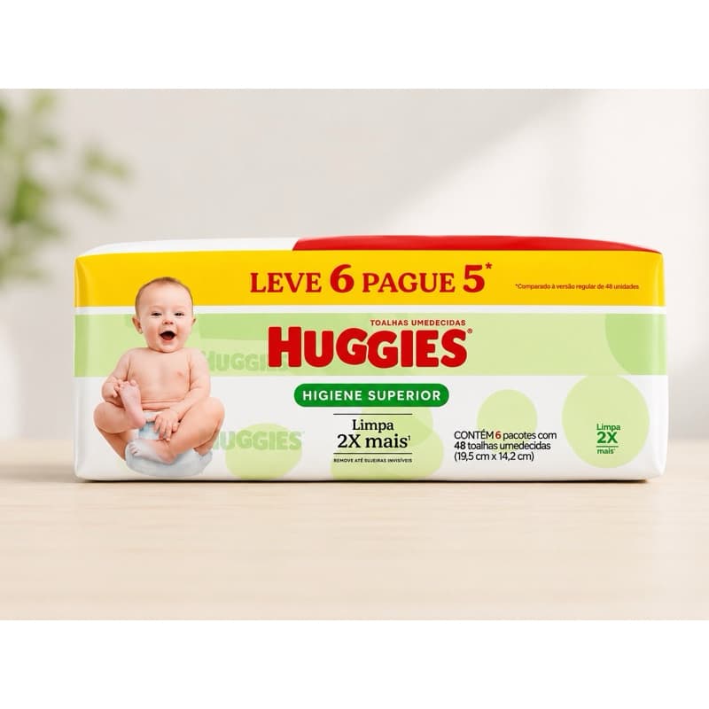 kit com 6 pacotes de lenços umedecidos Huggies higiene superior