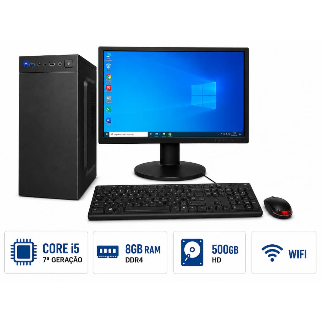 Computador Completo Intel Core i5 7ª Geração 8GB DDR4 HD 500GB WiFi Windows Monitor 19" Widescreen
