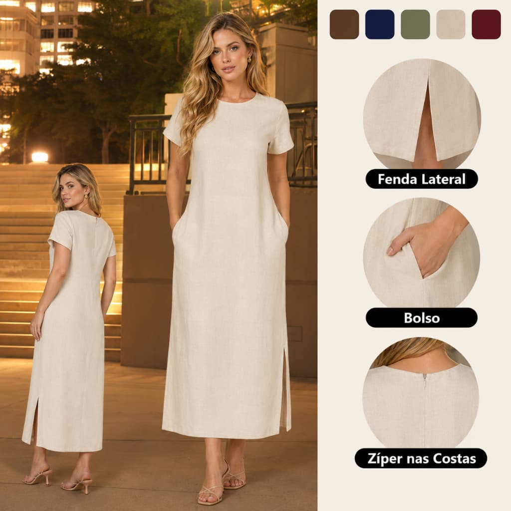 Vestido Feminino Linho Vinho Manga Curta Longo Forrado Bolso Fenda Lateral Zíper Costas Elegante Verão
