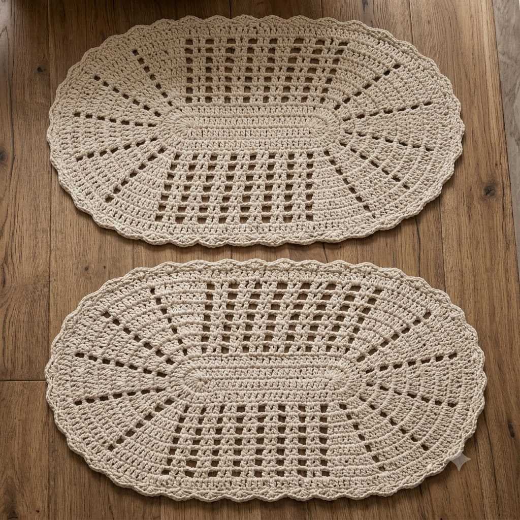 Kit 2 Tapetes de Crochê Par Oval Cru Artesanal Feito à Mão Barbante Sala Quarto Cozinha Banheiro Decoração Boho Chic