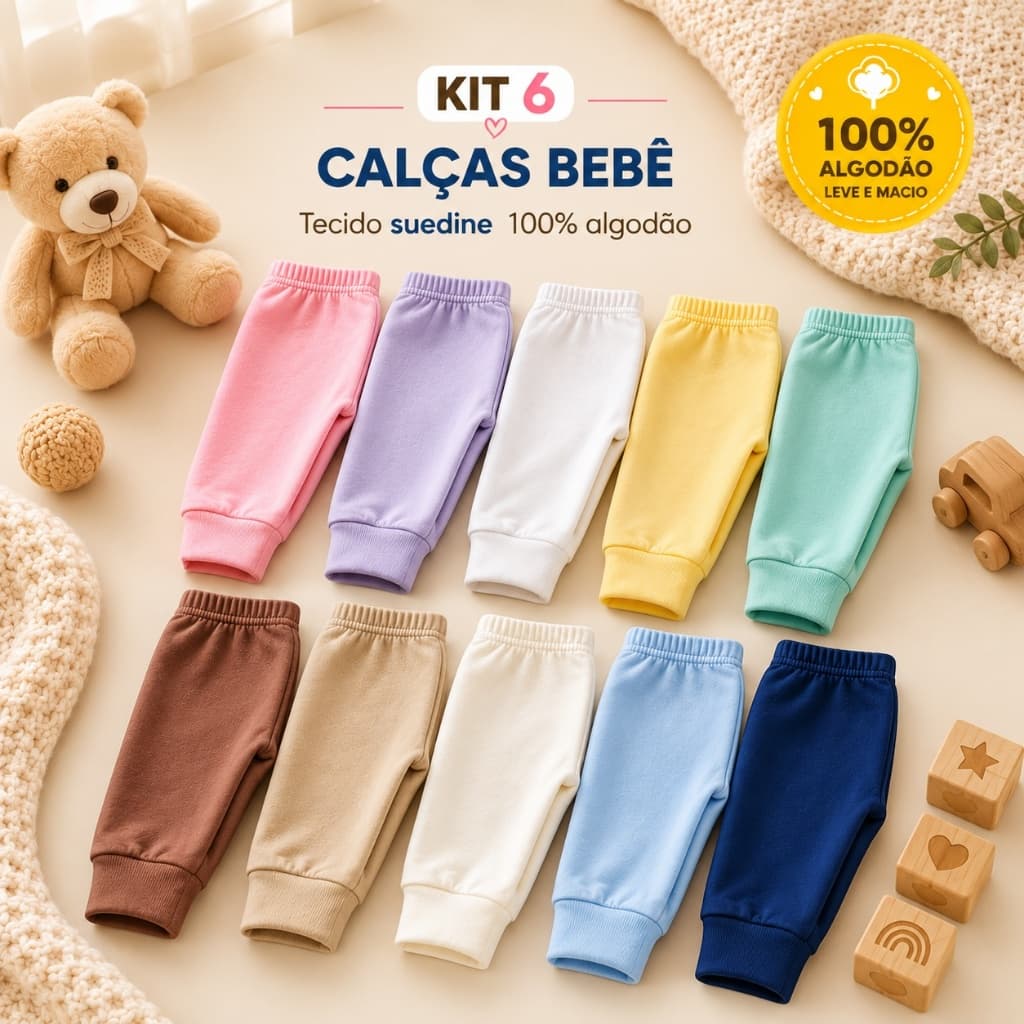 Kit 6 Calças Mijão Culote Bebê Suedine Virá Pé 100% Algodão Menino Menina Confortável Enxoval Rn Recem Nascido