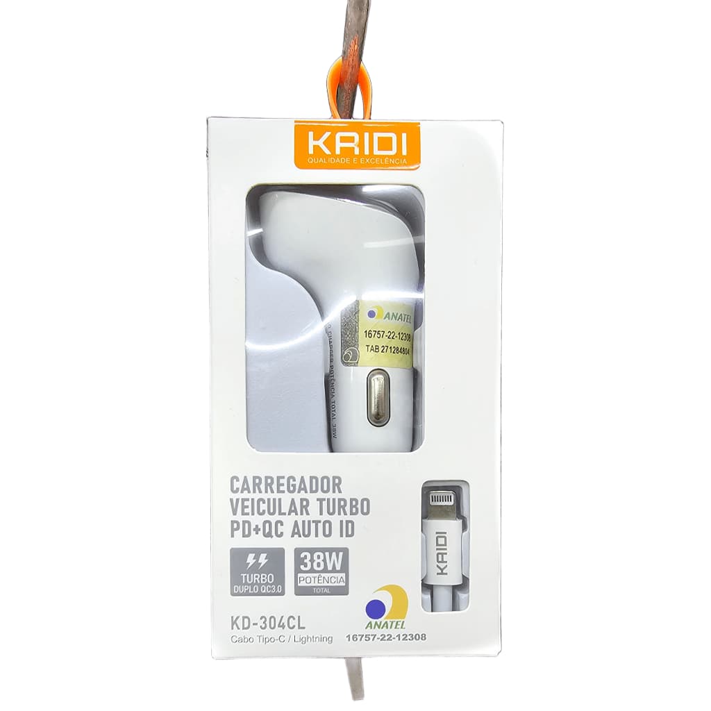 Carregador Veicular para Iphone PD USB-C Lightning KAIDI KD-304CL Turbo 38W Carregamento Rápido 3 Saidas