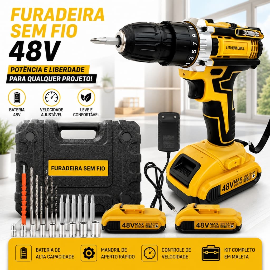 Parafusadeira Furadeira Sem Fio 48V｜Dupla Função: Bateria Única (Caixa) / Duas Baterias+Maleta, acessórios inclusos