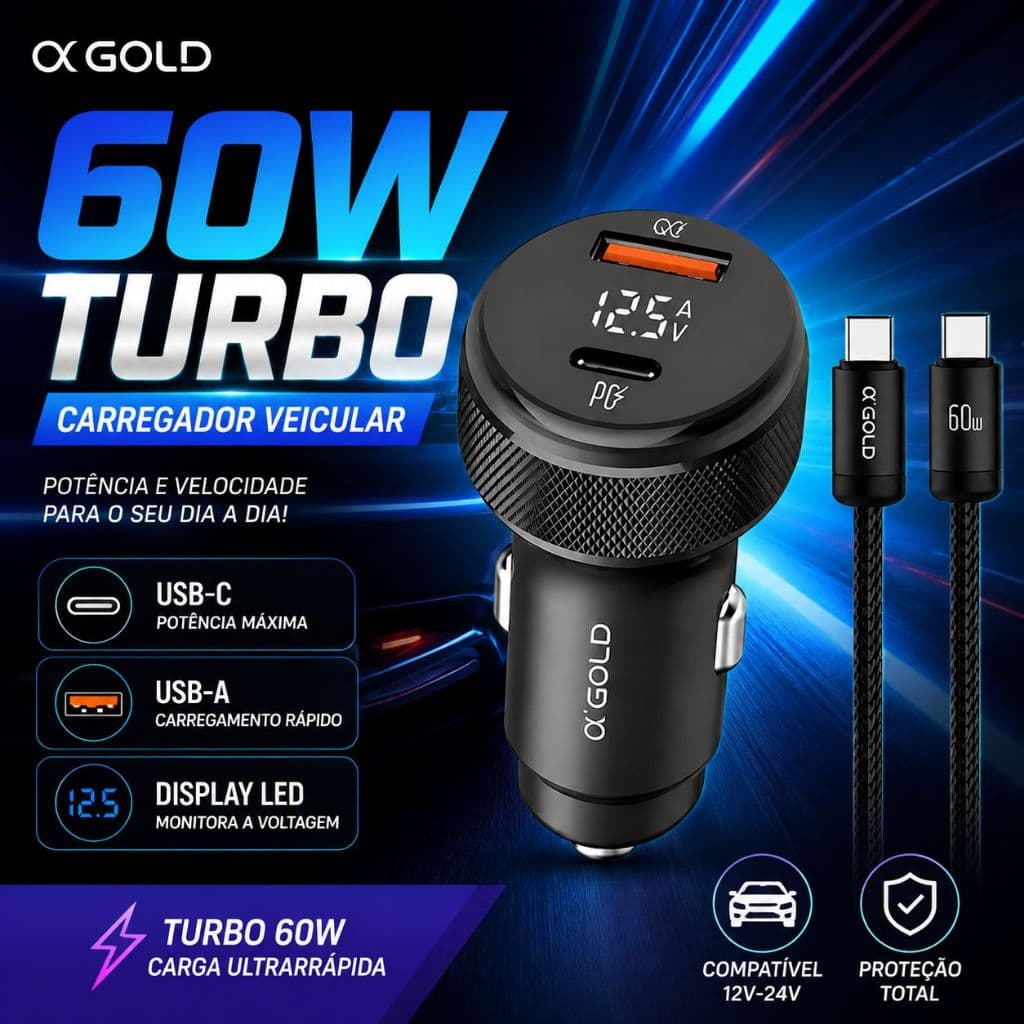 Carregador Veicular Turbo com 60W Entradas USB e Tipo C com ou sem Cabo Fonte Carro Automotivo