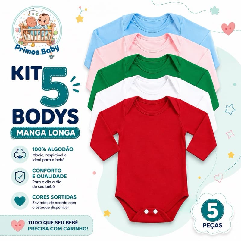 Body Infantil Manga Comprida Kit com 5 100% Algodão Menino Menina P/M/G