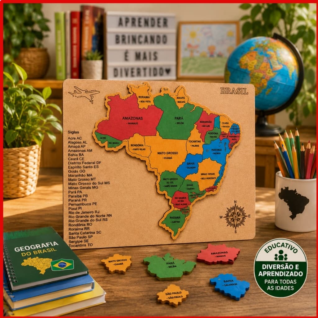 Brinquedo Educativo Interativo Pedagógico Quebra Cabeça Mapa Do Brasil E Regiões Mdf Grande Aprendizagem Divertida Mdf