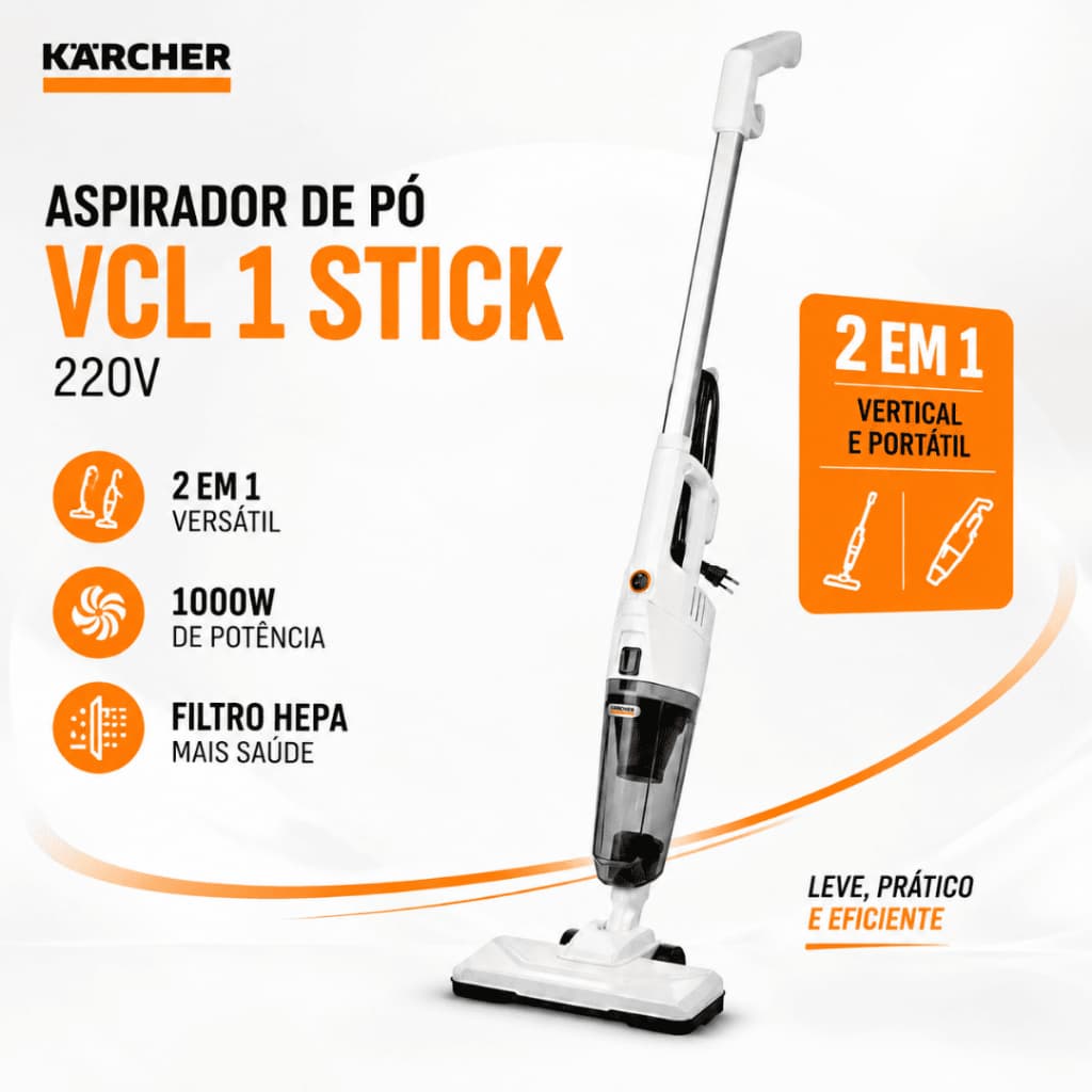 Aspirador de Pó Vertical Kärcher VCL 1 Stick 2 em 1 1000W Filtro HEPA 220V