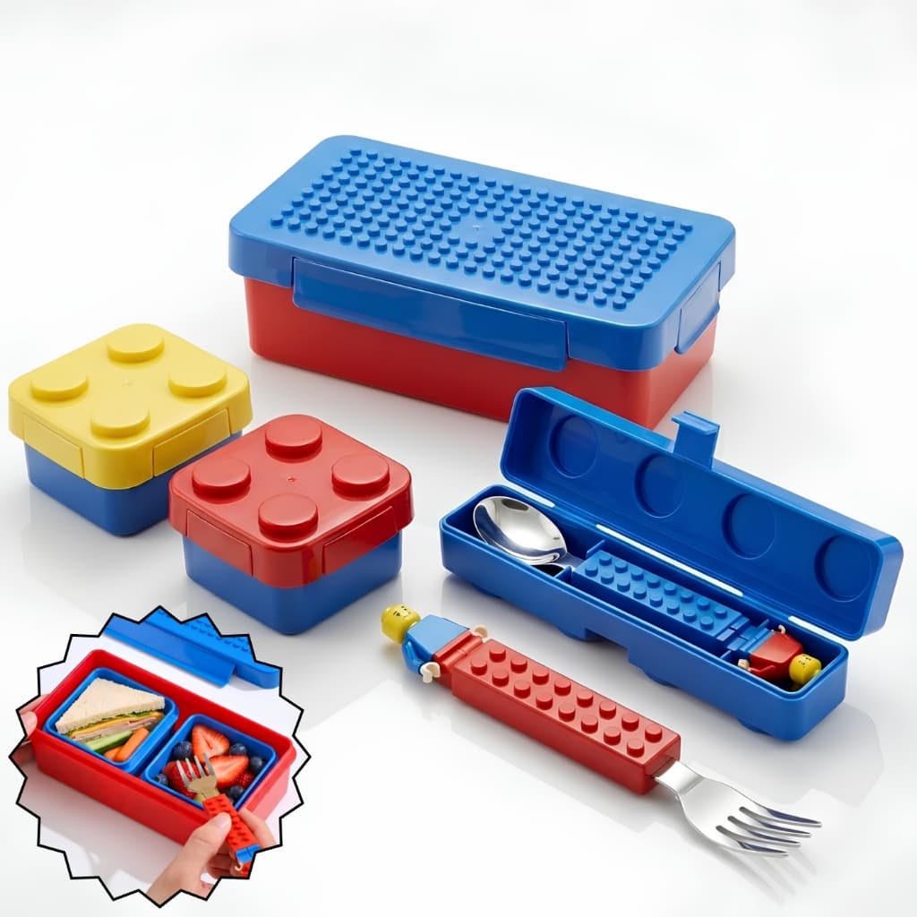conjunto marmita infantil 3 peças, c/ talheres aço inox - Bloco de Montar lego lancheira escolar Hermético