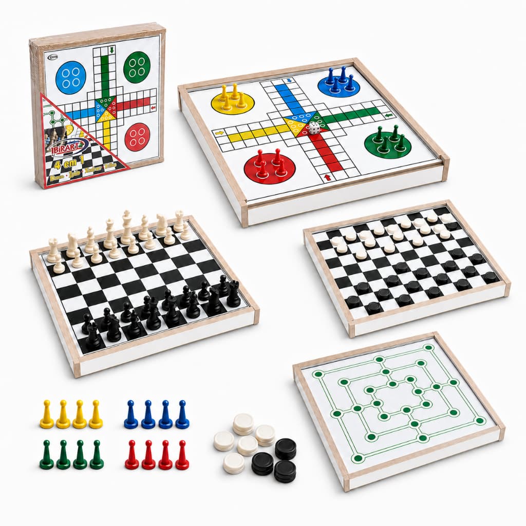 Jogo Tabuleiro 4 Em 1 Dama Xadrez Ludo Trilha Estojo Madeira Brinquedo Educativo Infantil Familia