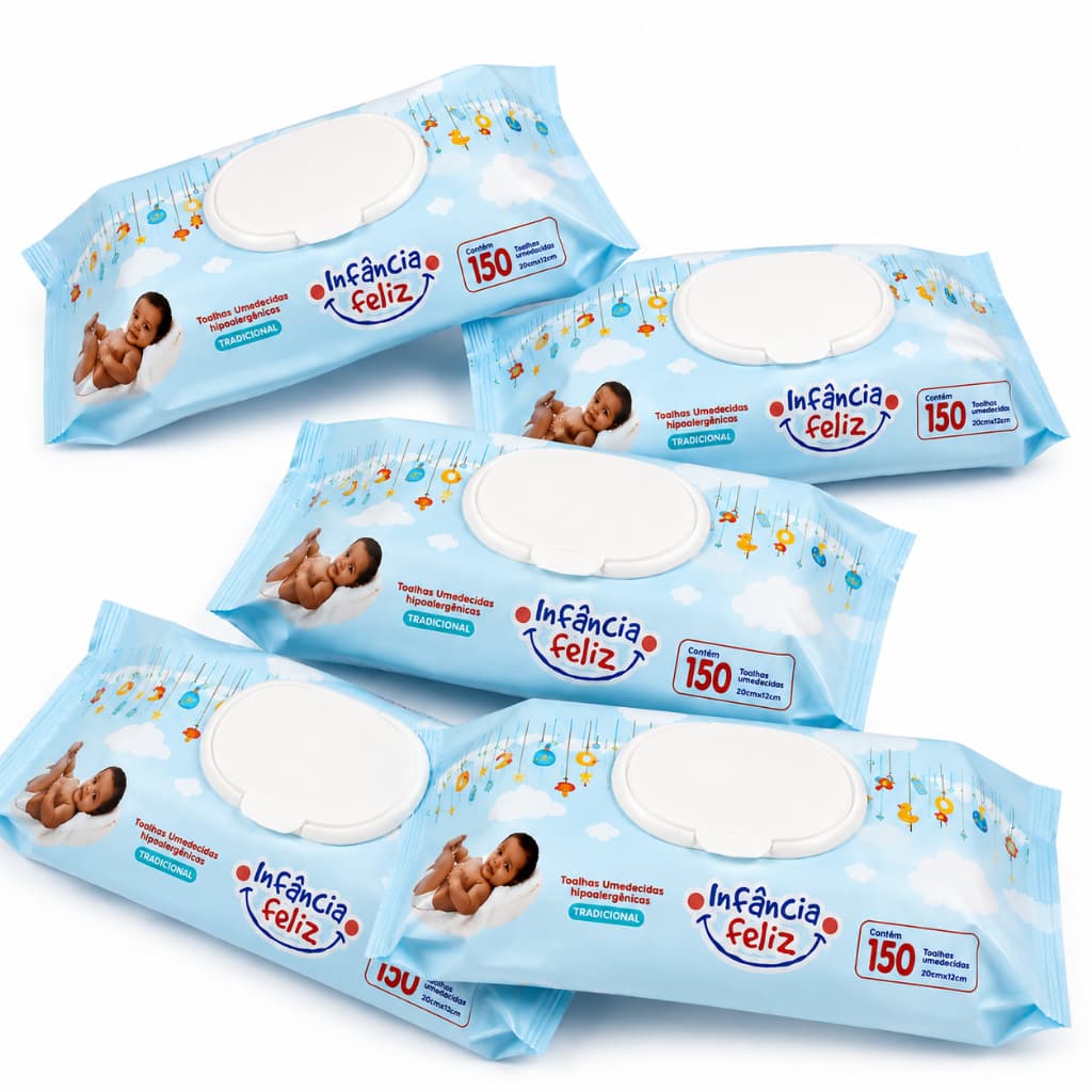 Kit 5 Lenços Umedecido Infantil 150 Folhas Cada - Limpeza Suave Pele Sensível Bebê – Infância Feliz