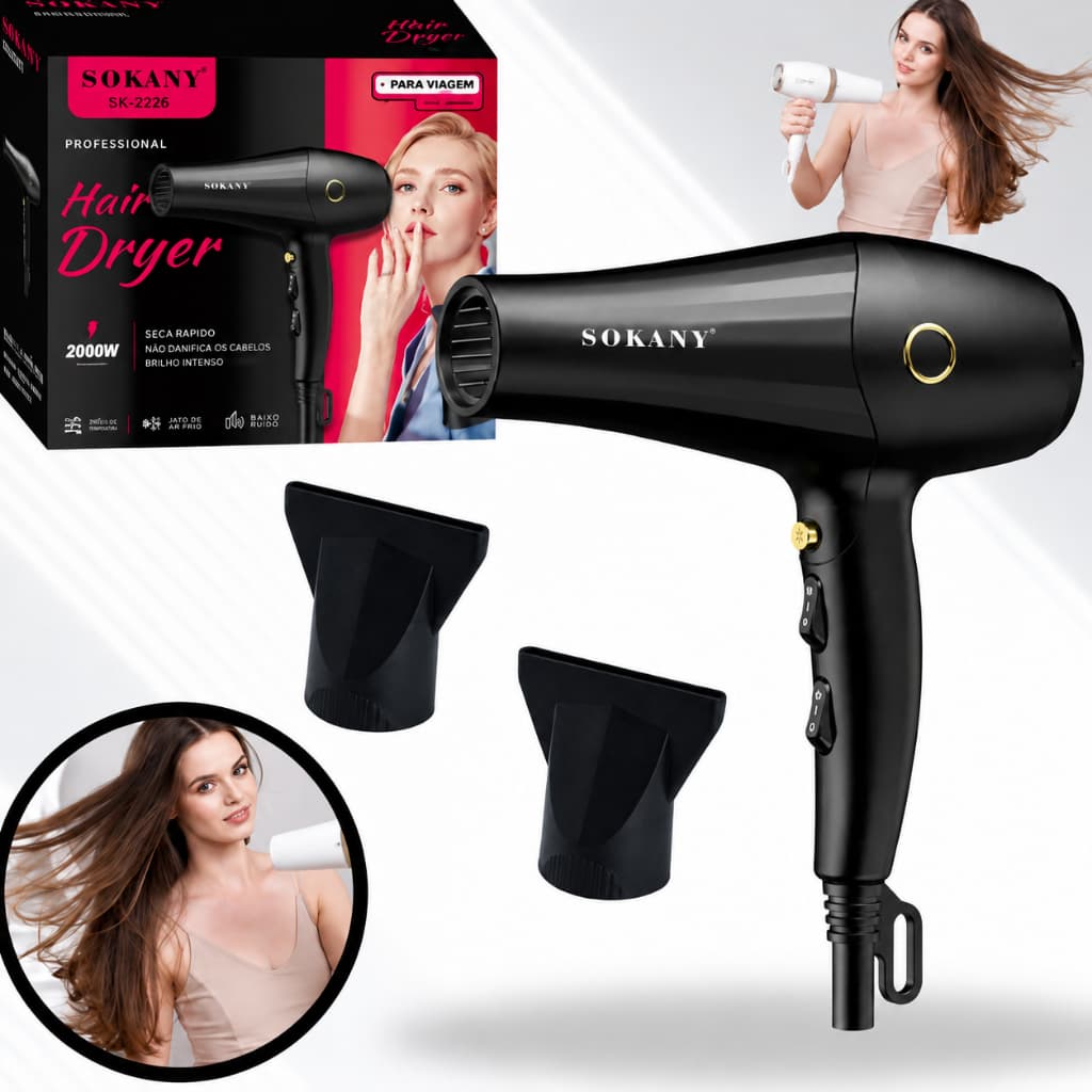 Secador de Cabelo Profissional Sokany VTR-12389-1 2000W 110V Ar Frio 2 Bicos Secagem Rápida