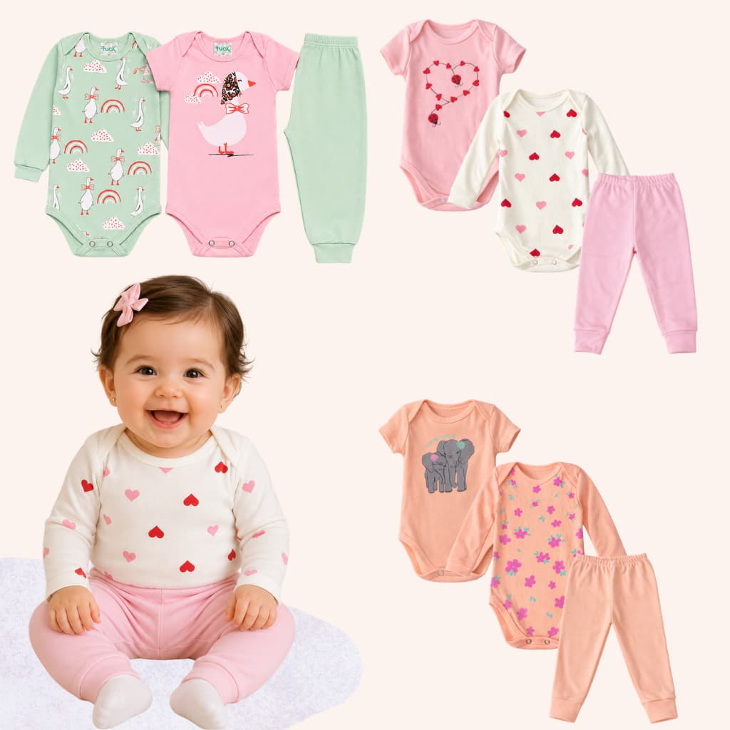 Kit 3 peças Body Bebê Manga Longa Manga Curta Mijão Roupa Bebê Menina Bory Algodão Enxoval Bebê