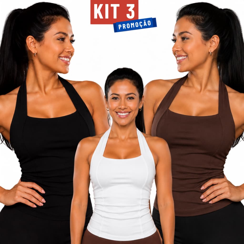 KIT 3 Regata Halter Feminina Blusa Academia Frente Única Efeito Silicone Casual Básica Elegante Moda Feminina