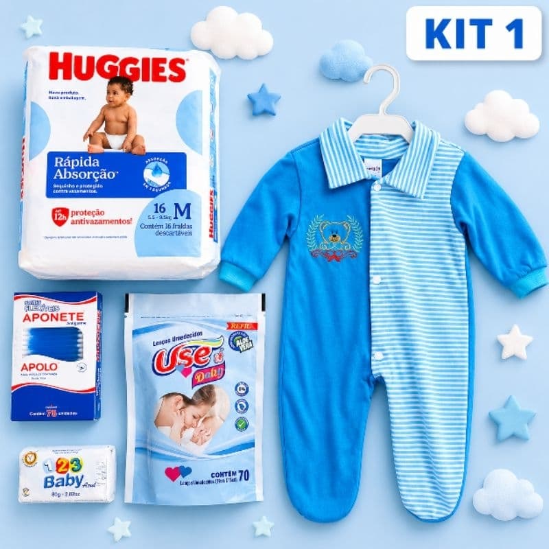 Kit chá de bebê Presente Menino (com Fralda Turma da Mônica, Babysec, Huggies ou Hipopó)