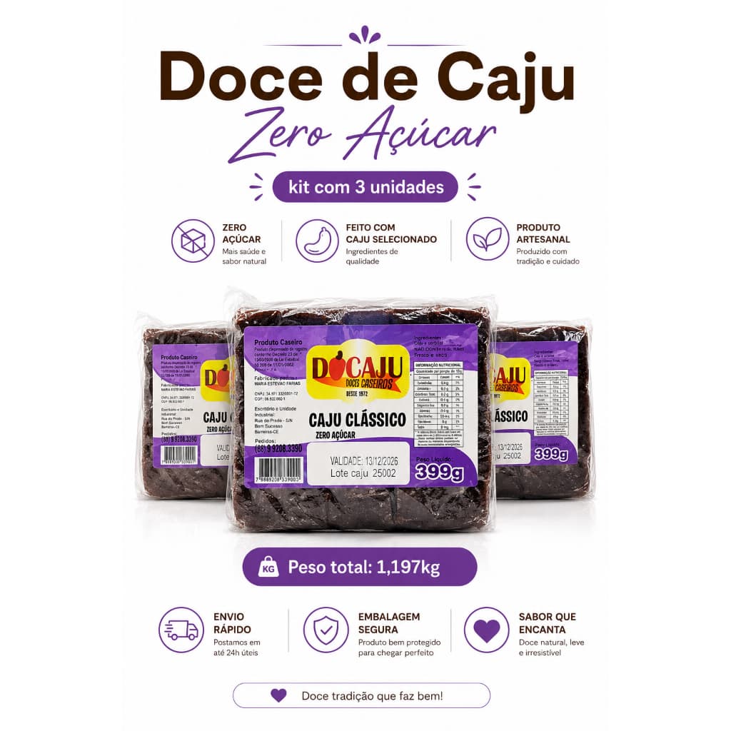 Doce de Caju natural Zero Açúcar kit 3 unidades Sobremesa premium Saudável Fit Direto da Fábrica Produto Natural