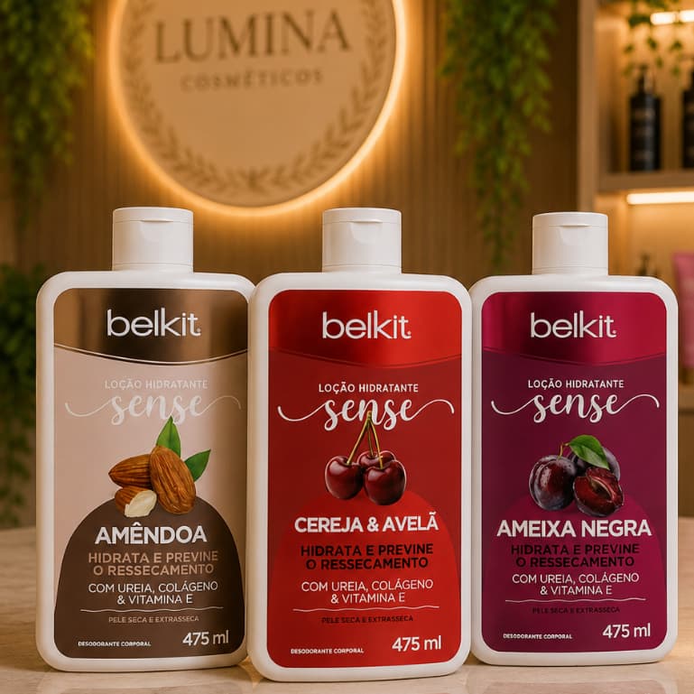 KIT Hidratante Corporal BELKIT 475ml Loção Perfume Hidratação Pele Seca Ureia Colágeno Vitamina E