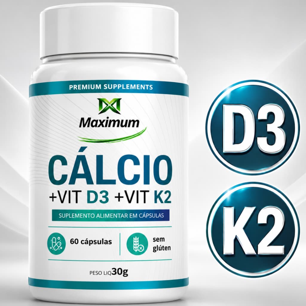 Vitamina D3 + Vitamina K2 + Cálcio 60 Cápsulas Maximum Suplemento Ossos Dentes Saúde Muscular