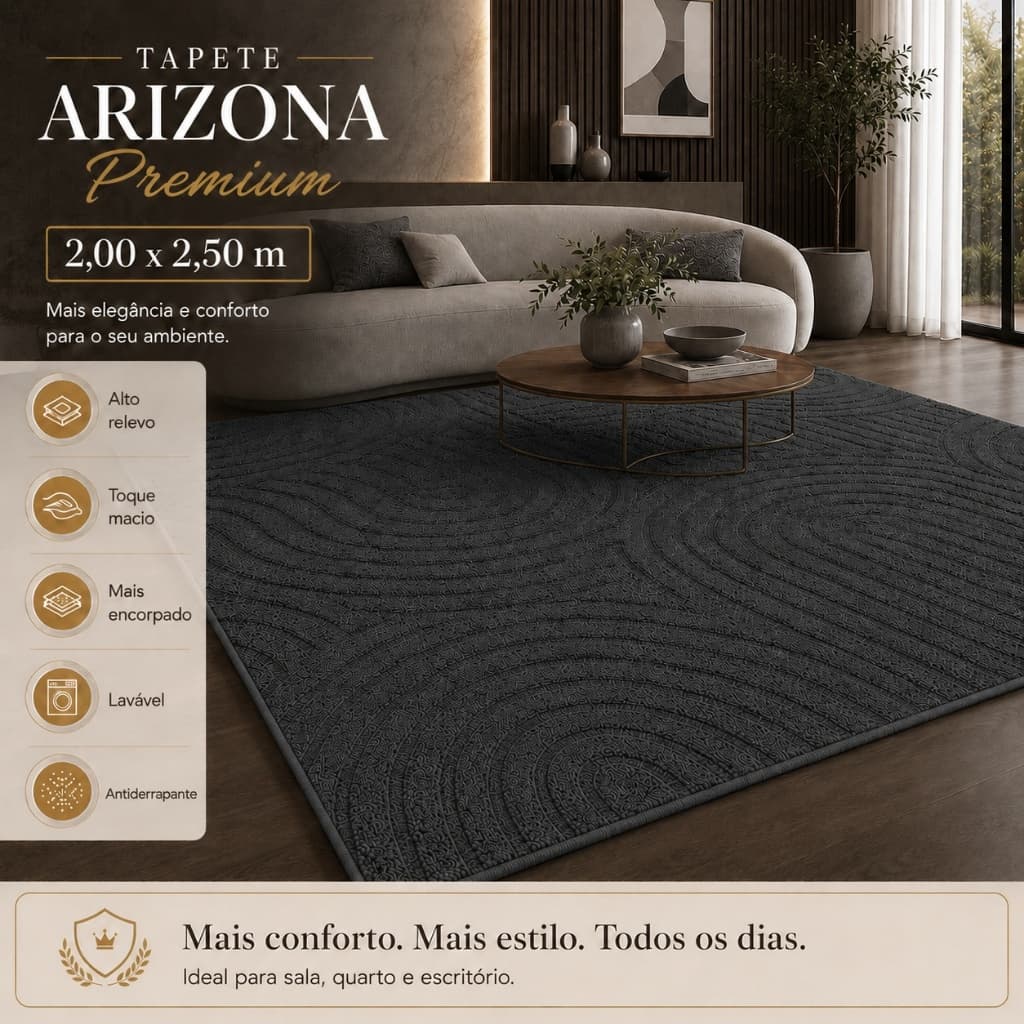 Tapete Sala 2,50x2,00 Circular Alto Relevo Premium Macio Antiderrapante Quarto Escritório Cinza
