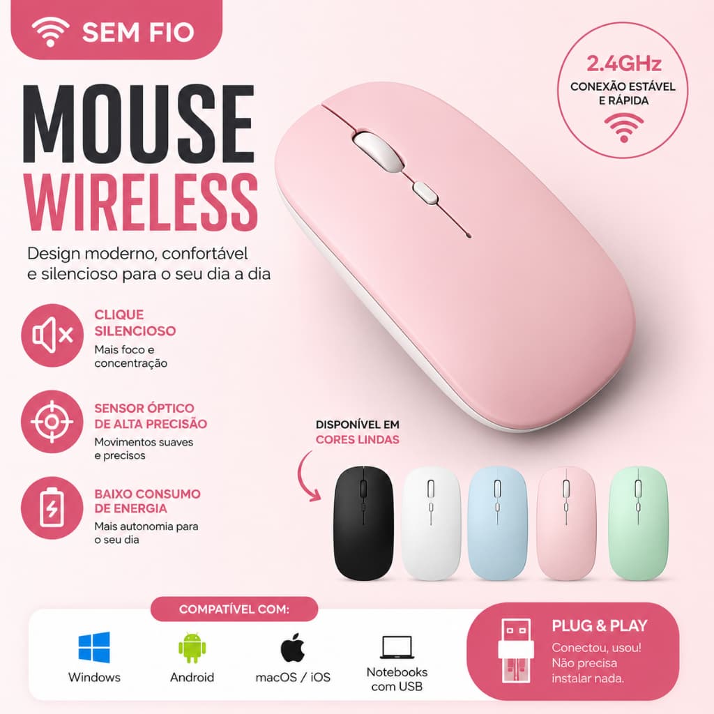 Mouse Sem Fio USB 2.4GHz Silencioso Slim Ergonômico Alta Precisão para Notebook PC Windows Mac Home Office