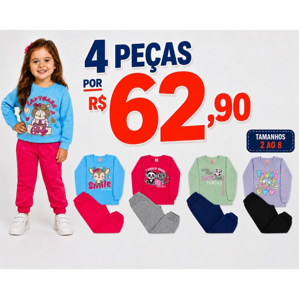Kit 4 Peças Conjunto Infantil Menina Moletom Peluciado Roupa De Frio Feminina Conjunto Moletom