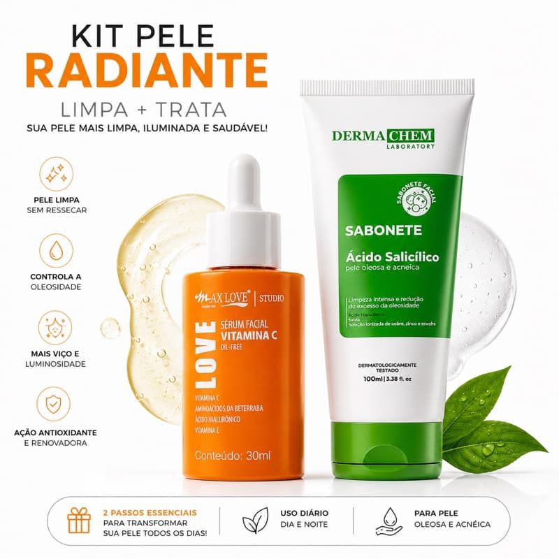 Kit Skincare Pele Oleosa | Sérum Vitamina C + Sabonete Ácido Salicílico | Clareia, Controla Oleosidade e Acne