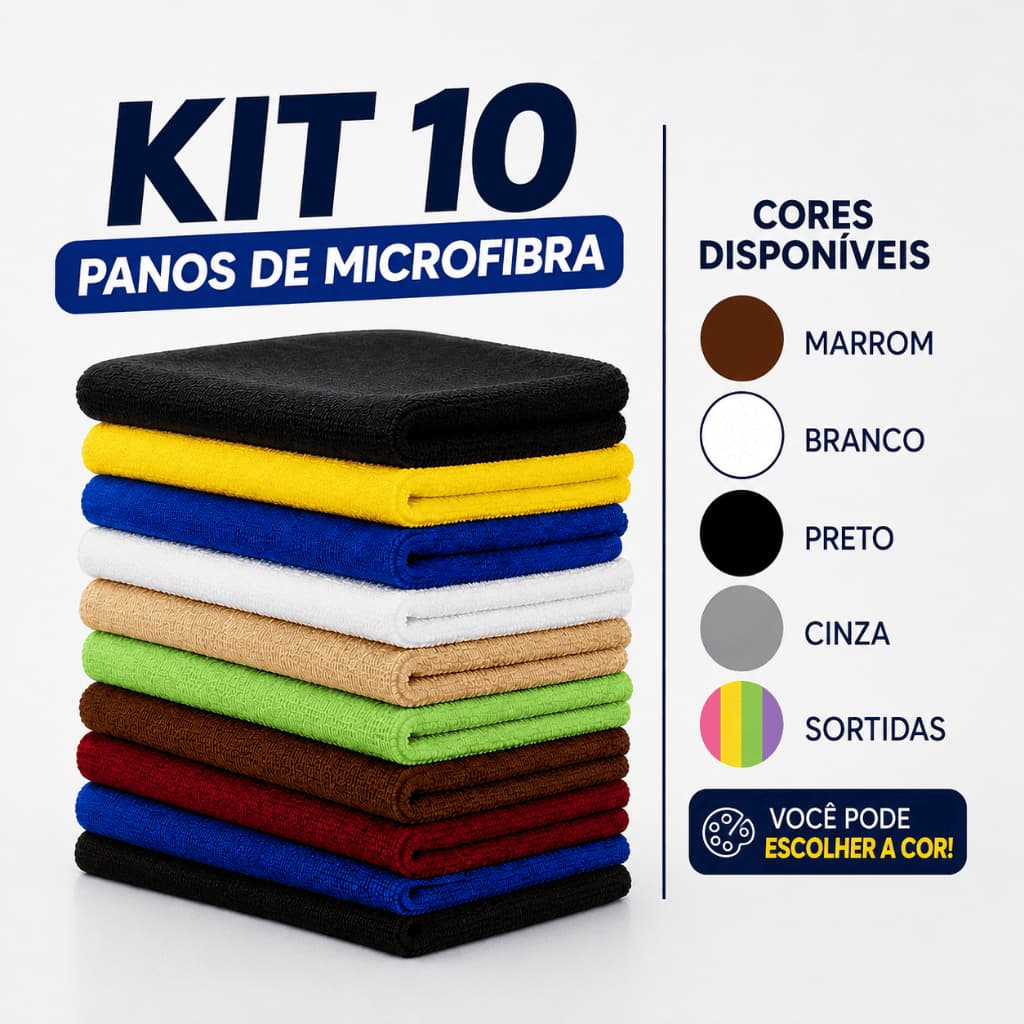 Kit 10 Panos de Microfibra Limpeza Multiuso Alta Absorção Não Solta Fiapos Para Carro Vidros Janelas