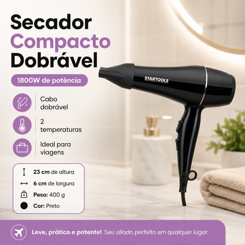 Secador Profissional Cabelo 1800W Alta Potência Rápido Secagem 127V Preto
