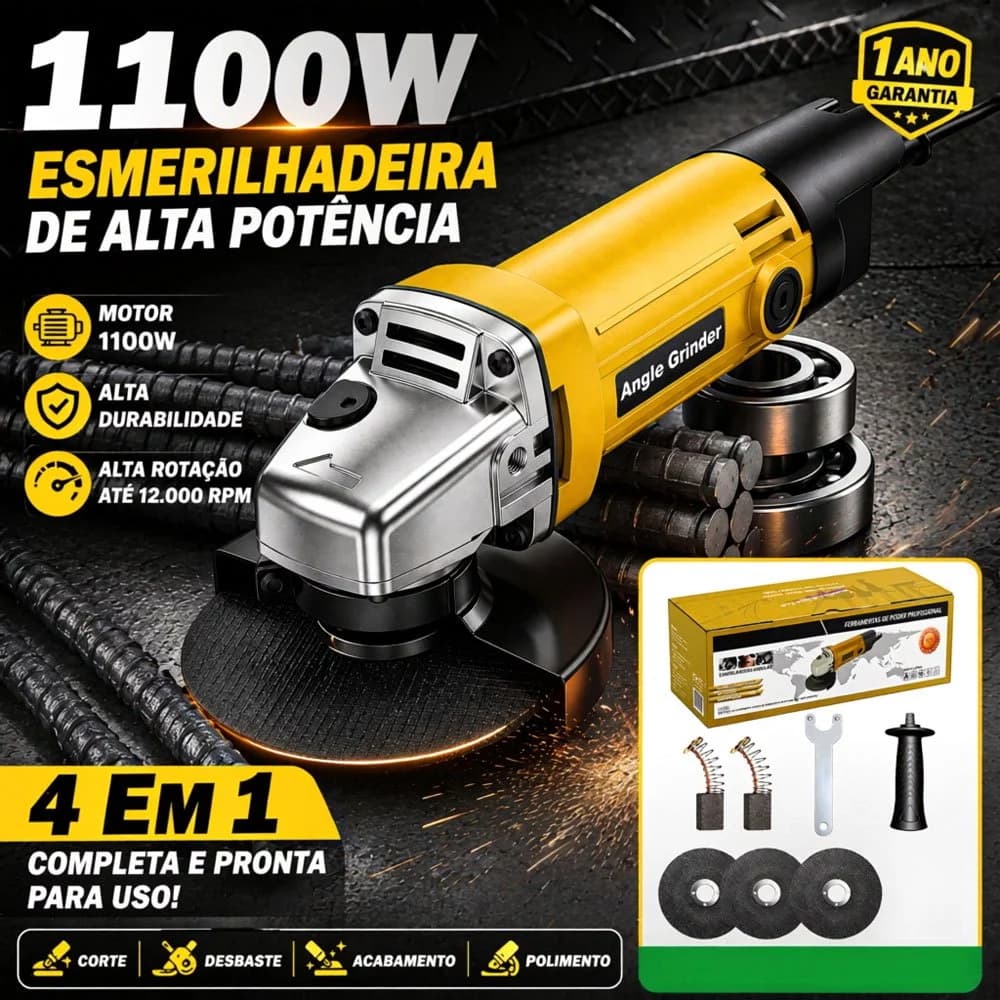 Esmerilhadeira Angular com Fio 110-127V/220V Corte e Desbaste Metal Profissional Ferramenta Eletrica Alta Rotacao Uso