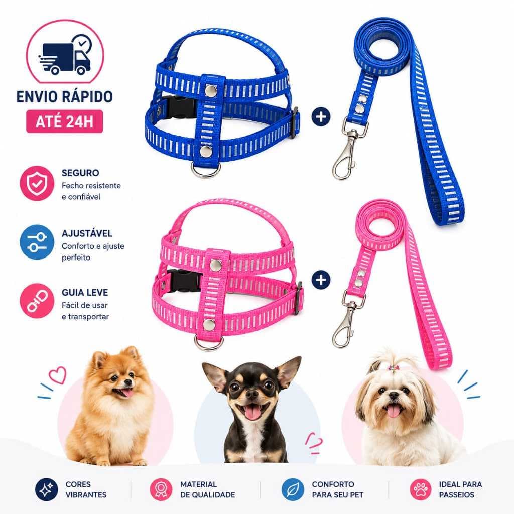 Coleira Peitoral Com Guia Para Cachorro Pet Porte Pequeno Kit Peitoral com Guia para Cachorro Nylon Regulável