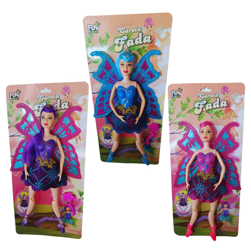 Boneca Fada Articulada com Asas de Glitter e Acessórios – Boneca Infantil Colecionável 3 Cores