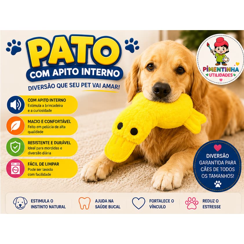 🦆 Brinquedo de Pelúcia Pato para Cachorro com Apito Interno | 25 cm | Mordedor Interativo para Cães