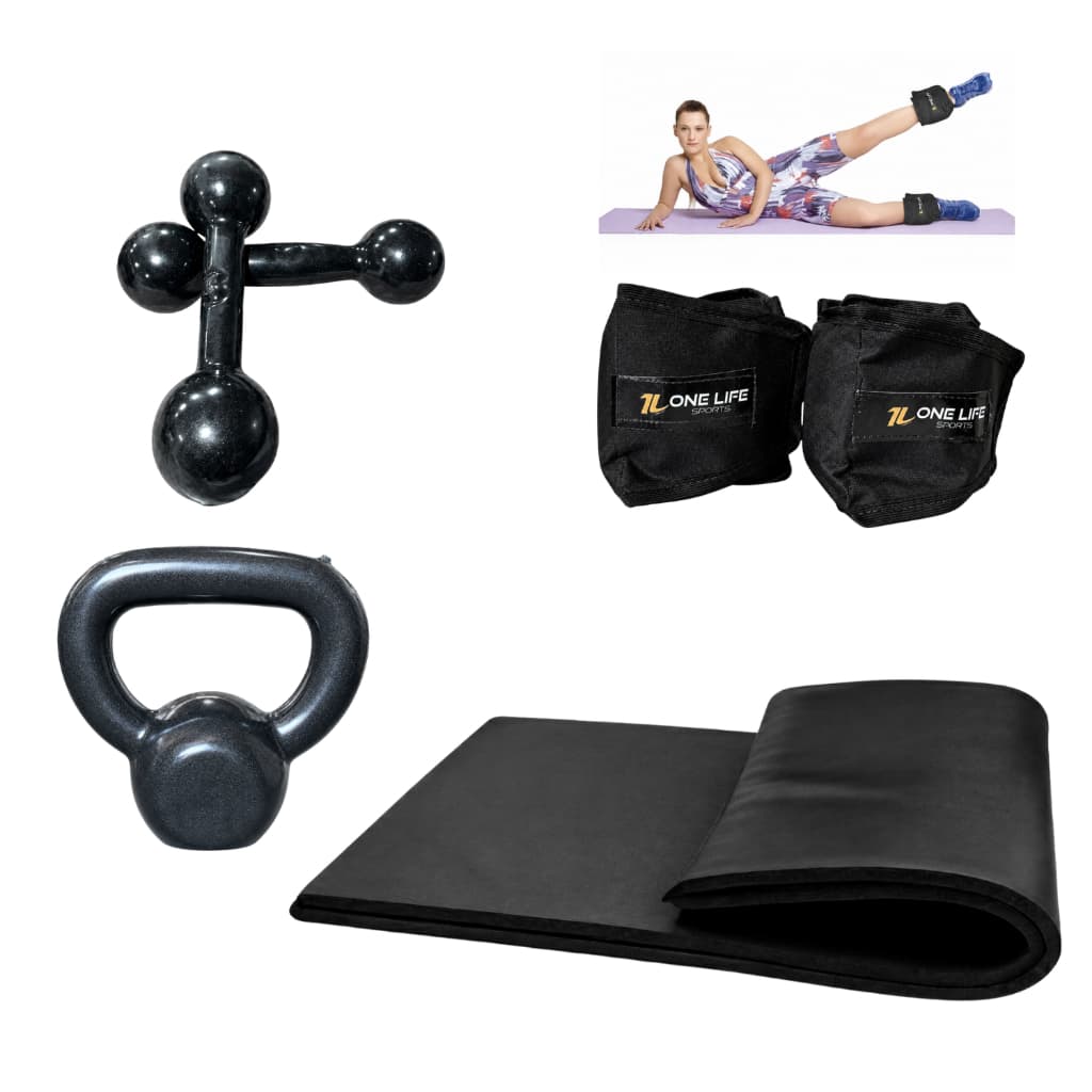 Kit Aeróbico Em Casa Caneleira 2Kg + Colchonete + Halter 3Kg + Kettlebell emborrachado 4Kg | Treino