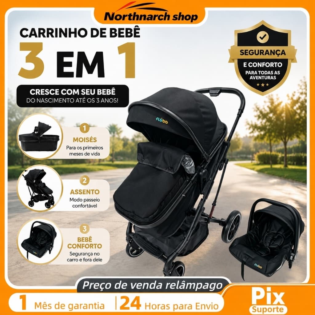 Carrinho 3 em 1 premium com moisés, assento reclinável, rodas com amortecedor e bebê conforto – seguro e confortável