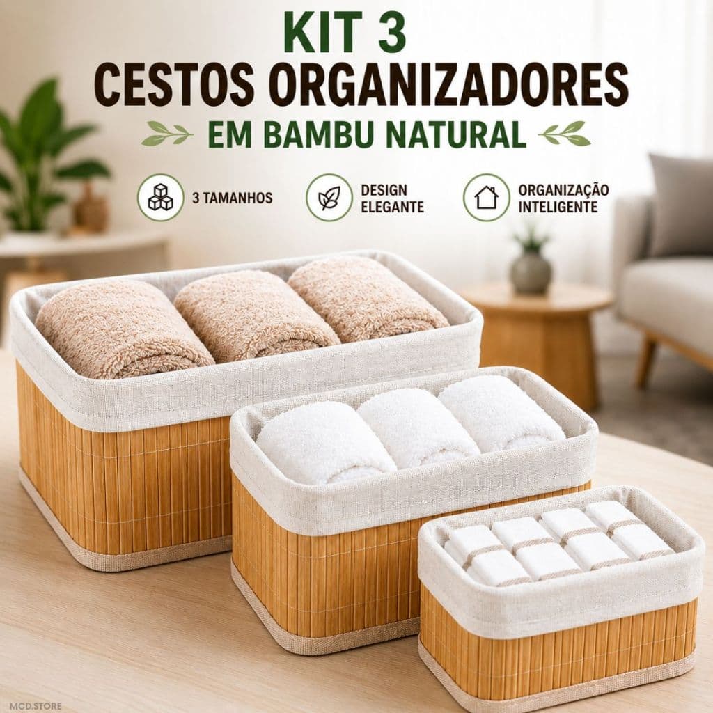 Kit 3 Cestos de Bambu Natural com Forro Branco Organizadores Multiuso Organizador p/ Banheiro Cozinha Quarto Closet