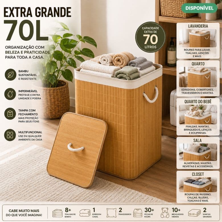 Cesto Organizador Multifuncional com Tampa em Bambu Premium para Cozinha, Banheiro e Escritório