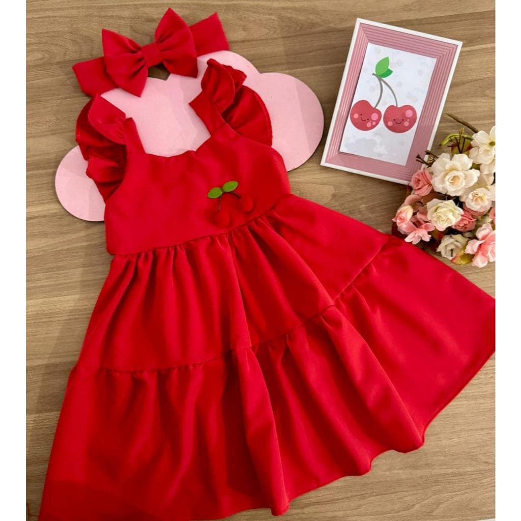 Vestido Infantil  Menina Festa Casual Luxo Tiara Cereja Cerejinha, Azul Claro, Rosa Bebê, Pink Tons Pastéis Candy Color