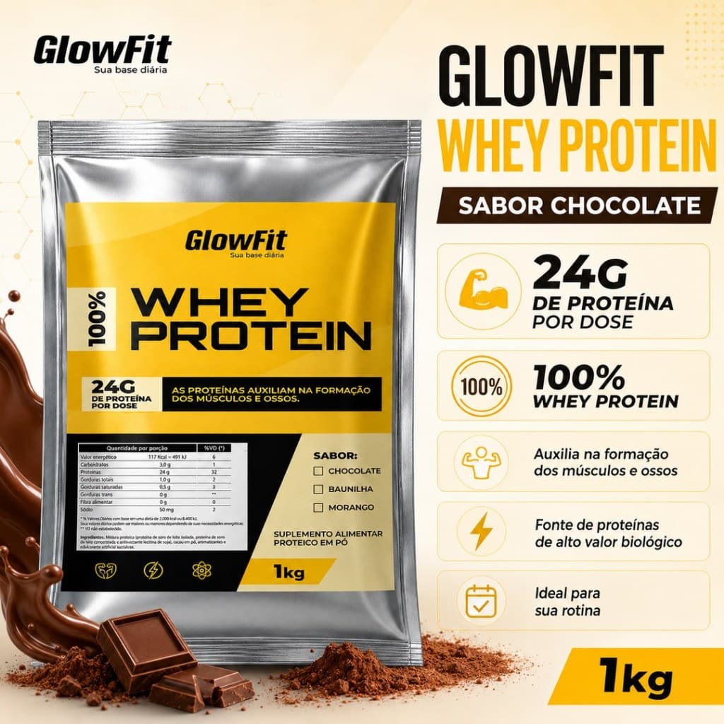 Whey Protein 1kg GlowFit 100% Whey 24g de Proteína por Dose Sabores Chocolate Baunilha e Morango